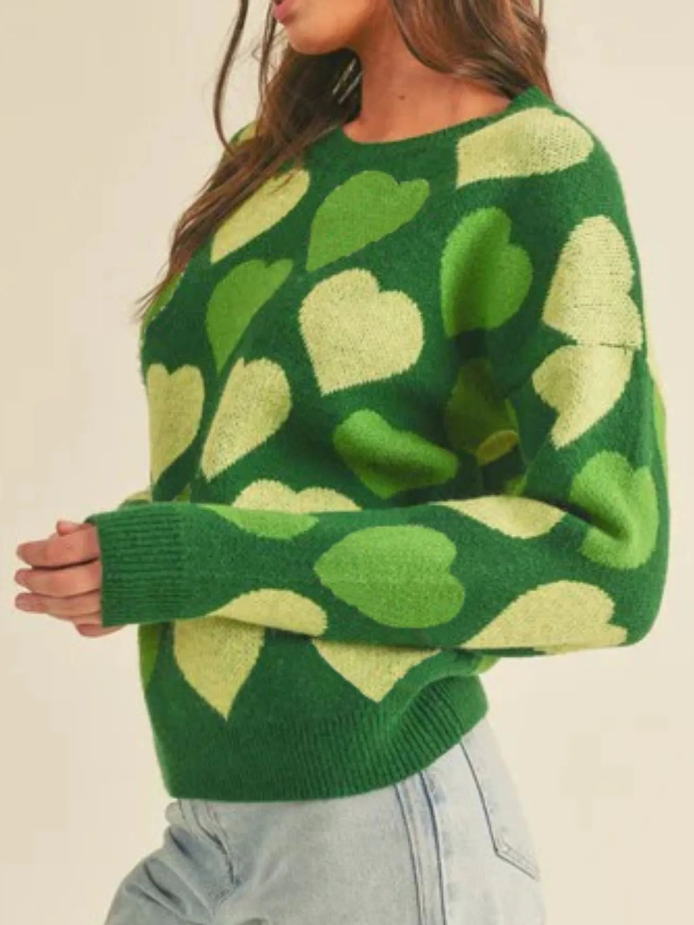 Heart Ribbed Hem Long Sleeve Sweater - Farnelli