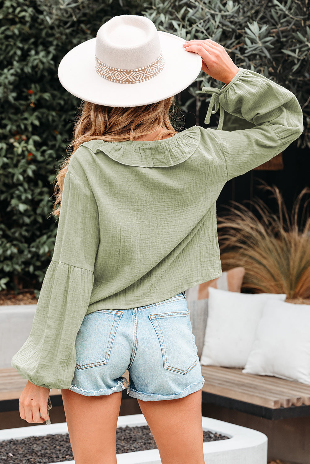 Natalia Bow Tie Front Ruffle Trim Long Sleeve Gauze Blouse - Farnelli