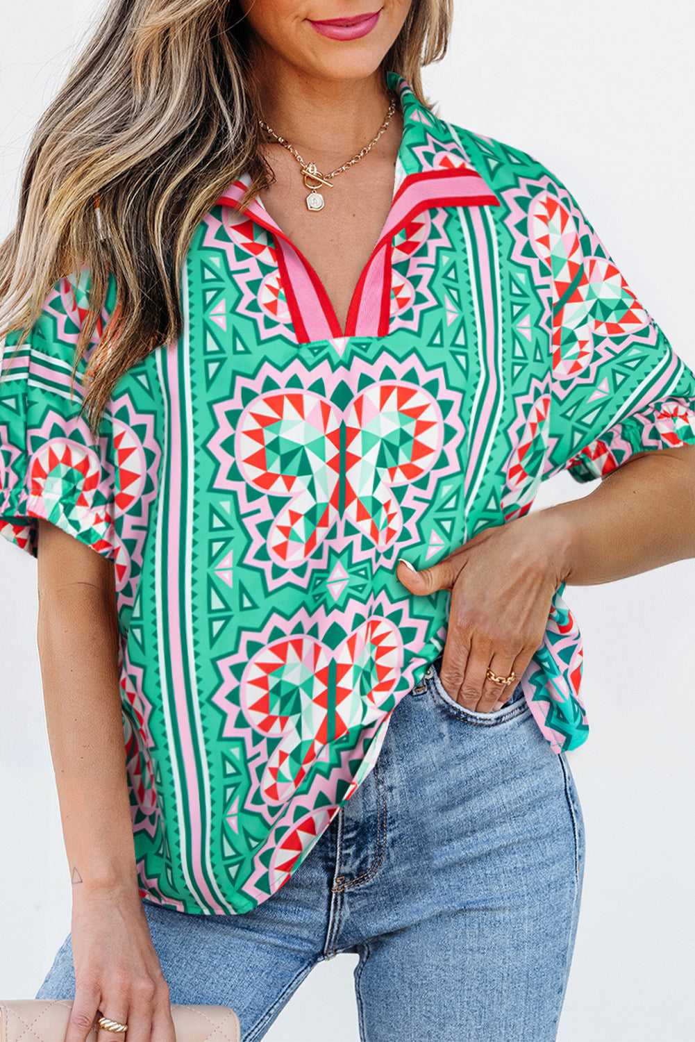 Kamiyah Boho Abstract Striped Collared V Neck Blouse - Farnelli