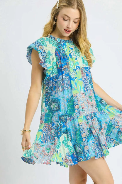 Umgee Printed Ruffle Cap Sleeve Mini Dress - Farnelli