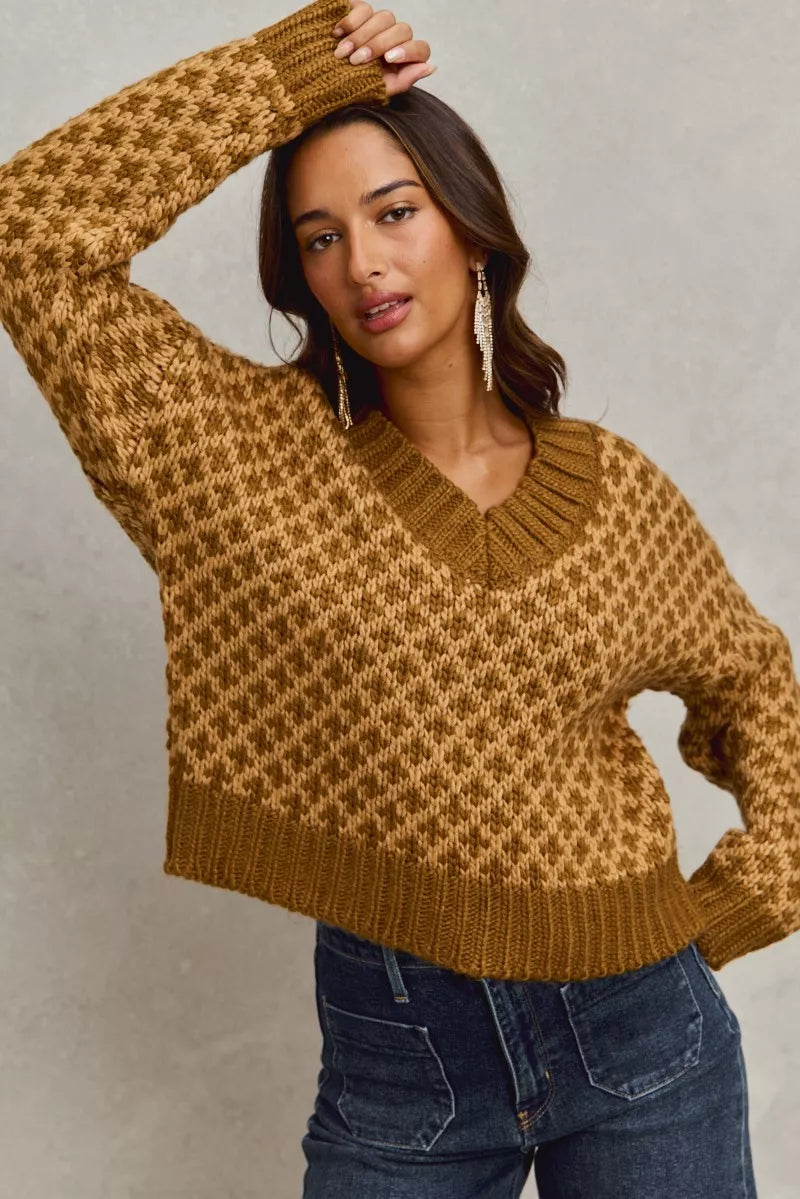 SO ME Color Block Textured Christmas Sweater V Neck Top - Farnelli