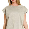 Zenana Crinkle Washed Round Neck Folded Short Sleeve Tee - SLEET