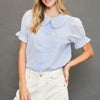 Umgee Peter Pan Collared Button Down Textured Shirt with Ruffled Detail - PERI BLUE