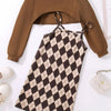 Children's Plaid Print Long Sleeve Dress Set - Brown