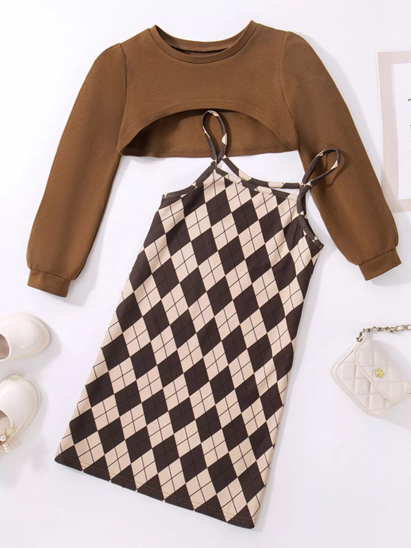 Children's Plaid Print Long Sleeve Dress Set - Farnelli