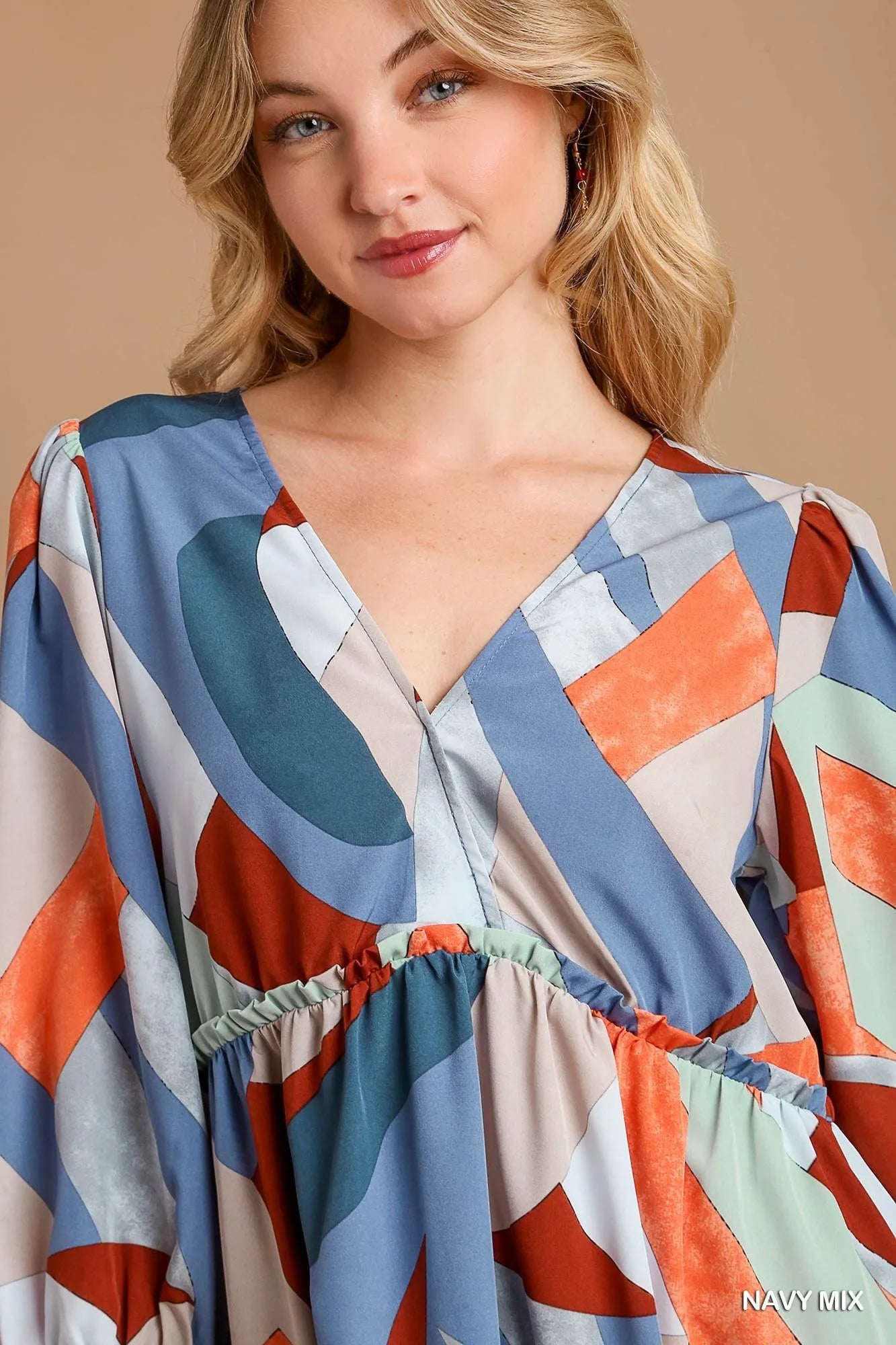 Umgee Abstract V-Neck Tiered Printed Dress - Farnelli
