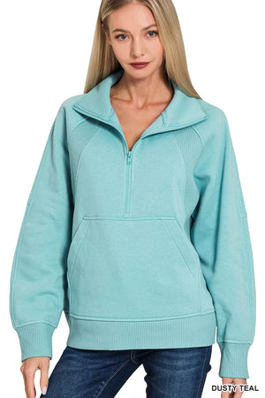 Zenana Half Zip Fleece Sweatshirt with kangaroo Pocket - Farnelli
