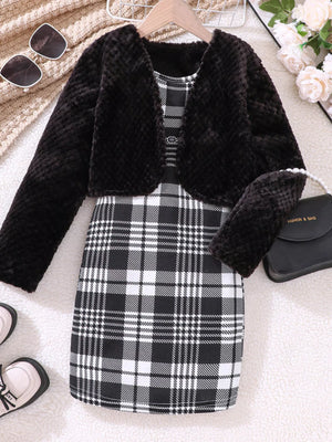 Children's Fuzzy Cardigan & Plaid Dress Set - Farnelli