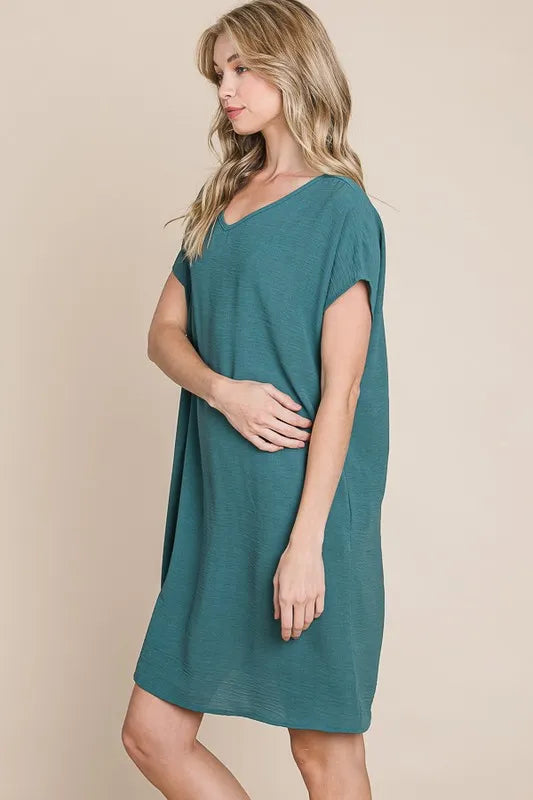 BOMBOM V-Neck Short Sleeve Dress with Pockets - Farnelli