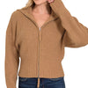 Zenana Ribbed Collared Zip Up Sweater Cardigan - DEEP CAMEL