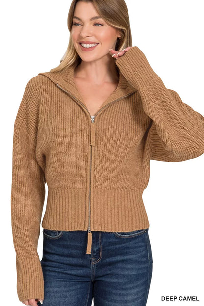 Zenana Ribbed Collared Zip Up Sweater Cardigan - Farnelli