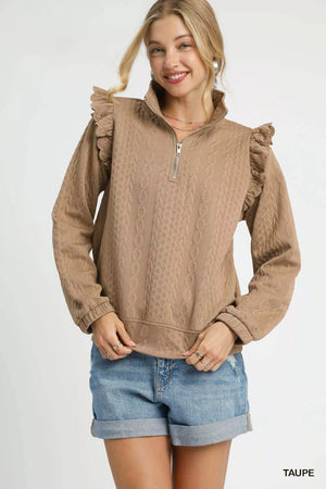 Umgee Cable Knit Textured Pullover with Ruffle Shoulders - Farnelli