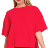 Zenana Full Size Double Knit Side Slits Hi Low Short Sleeve Top Plus Size - RUBY
