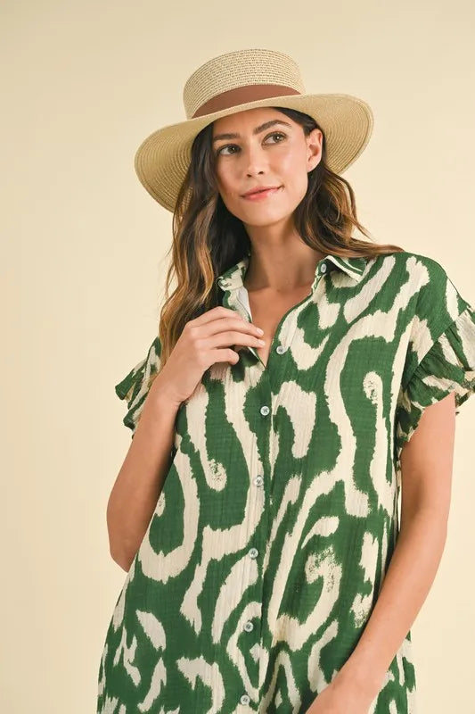 Annie Wear Abstract Printed Frill Sleeve Shirt Mini Dress - Farnelli