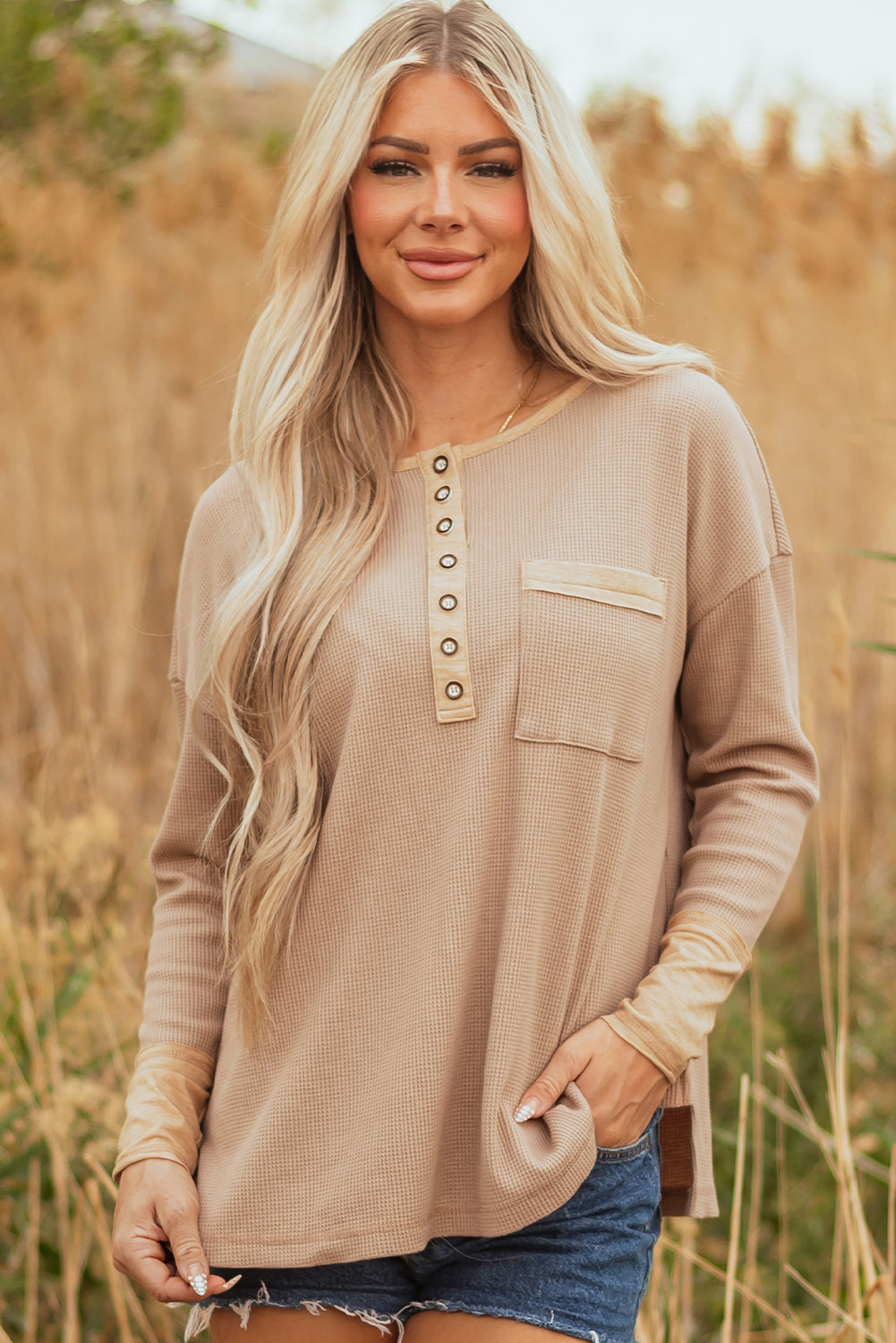 Blake Waffle Textured Tunic Henley Top with Slits - Farnelli