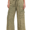 Zenana Washed Linen Elastic Band Waist Cargo Pants - LT OLIVE
