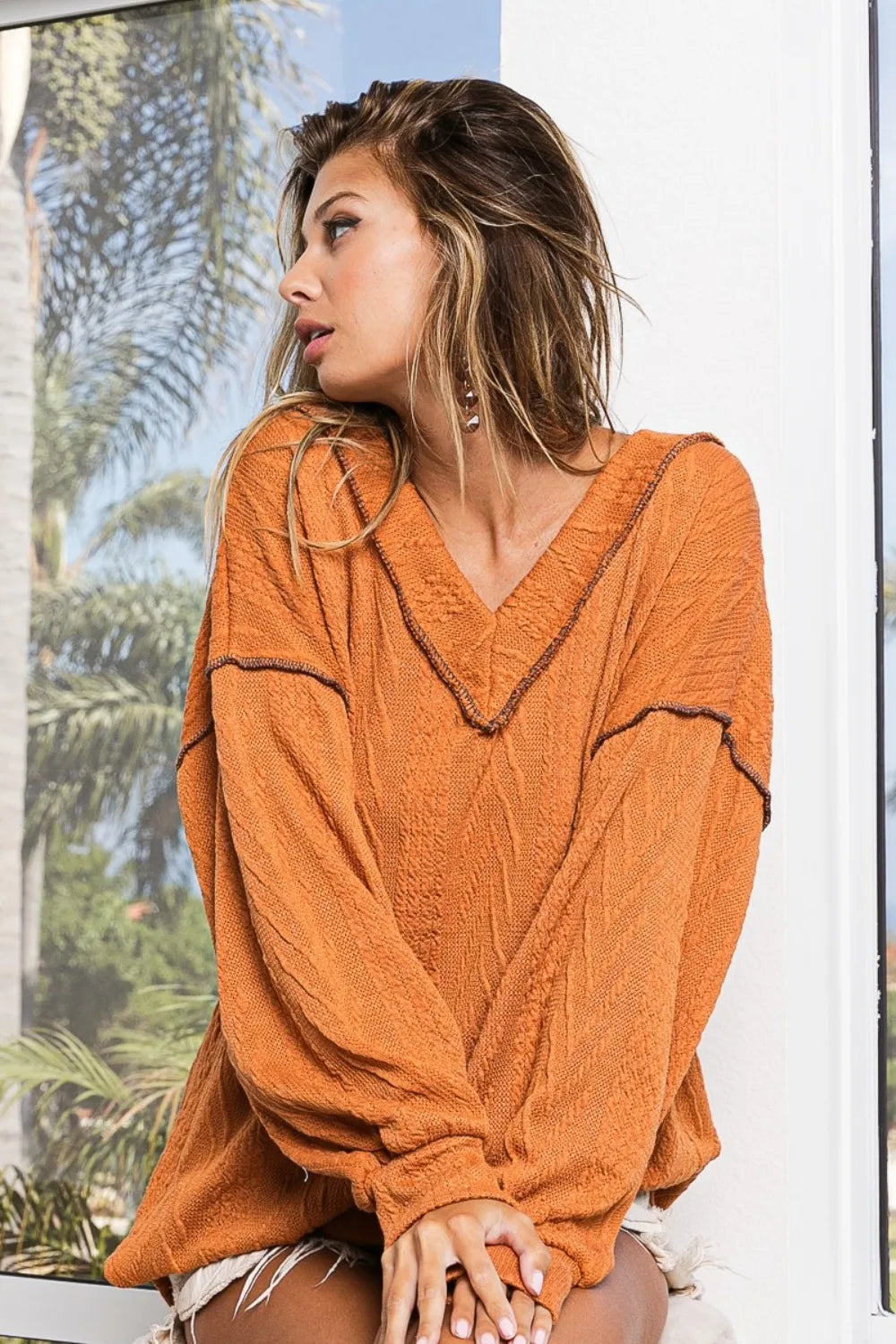 BiBi Textured Exposed Seam Drop Shoulder Knit Top - Farnelli