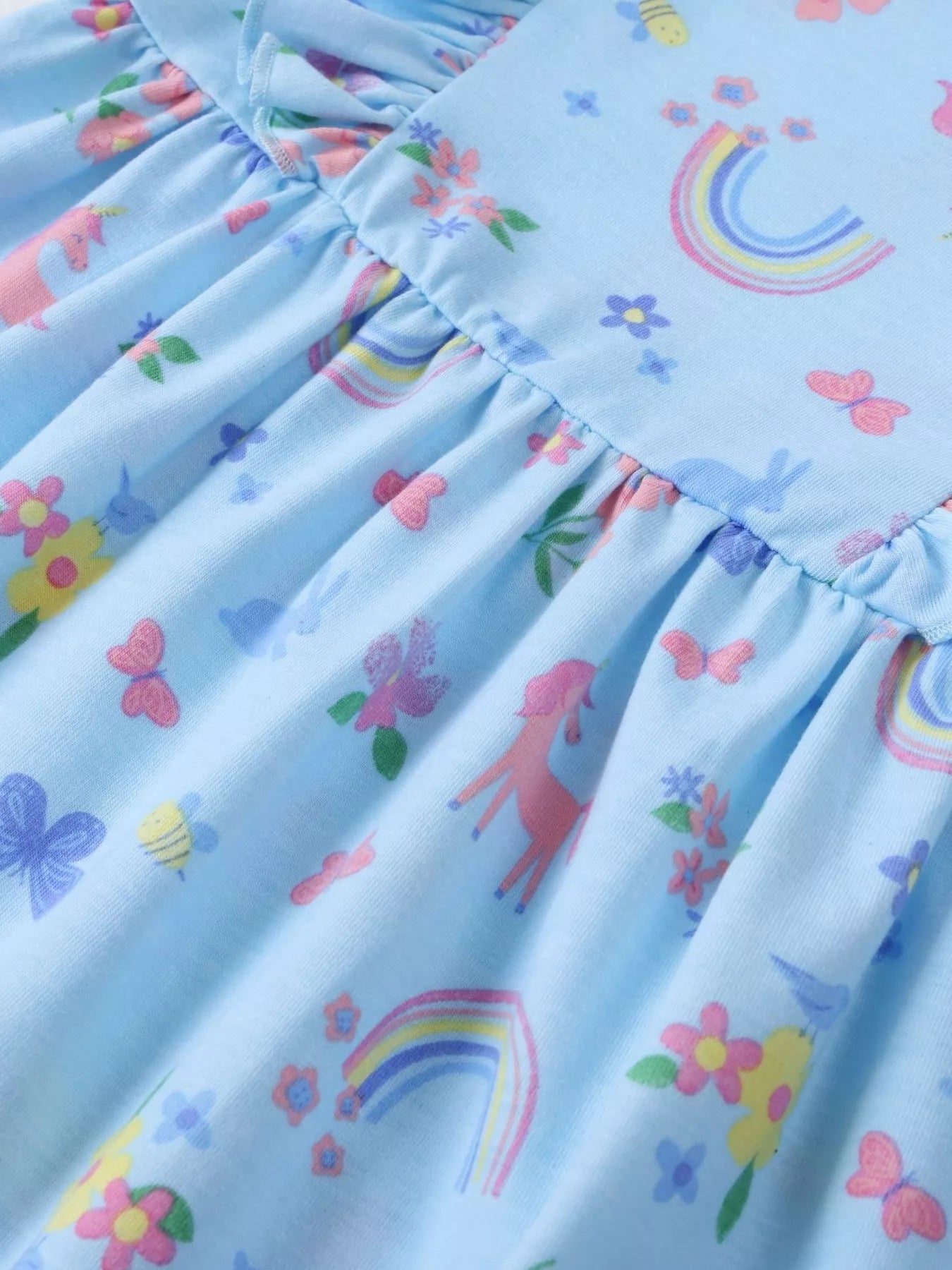 Children's Unicorn Rainbow Print Ruffle Trim Long Sleeve Dress - Farnelli