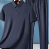 Men's Plus Size Button Detail Short Sleeve Top and Pants Set - Dark Blue