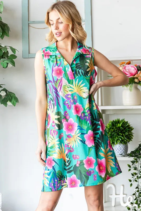 Heimish Full Size Floral Johnny Collar Sleeveless Dress Plus Size - Farnelli