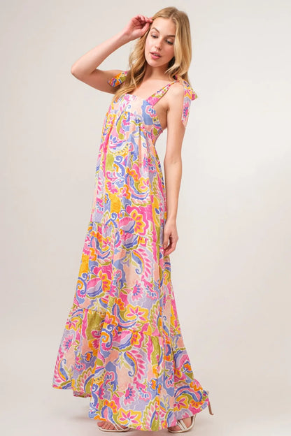 And The Why Full Size Printed Tie Shoulder Tiered Maxi Dress - Farnelli