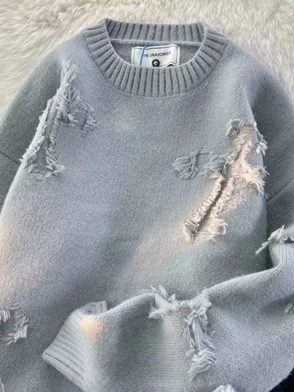 Men's Plus Size Distressed Knit Pullover Sweater - Farnelli