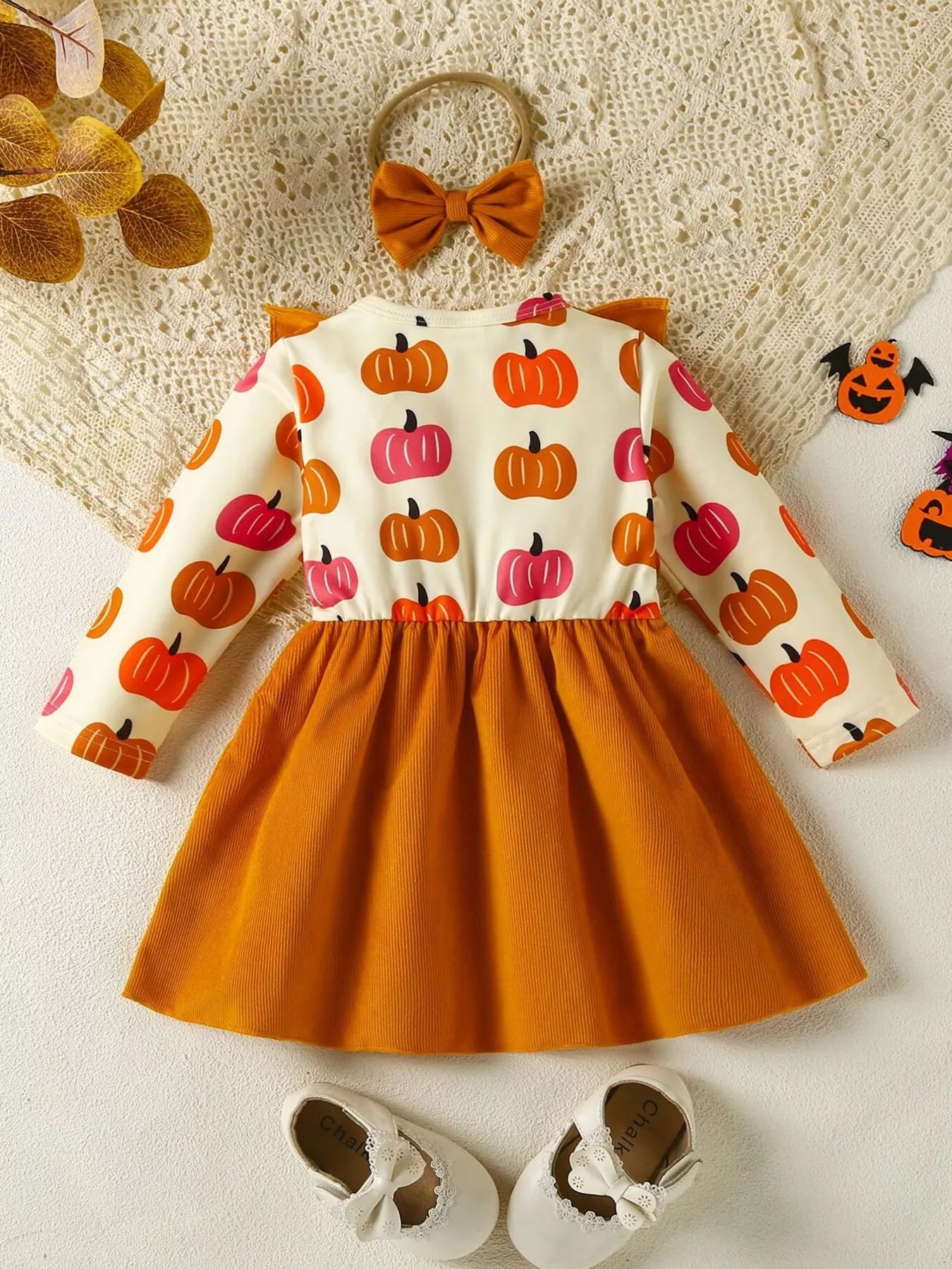 Children's Pumpkin Print Ruffle Dress with Bow Headband - Farnelli