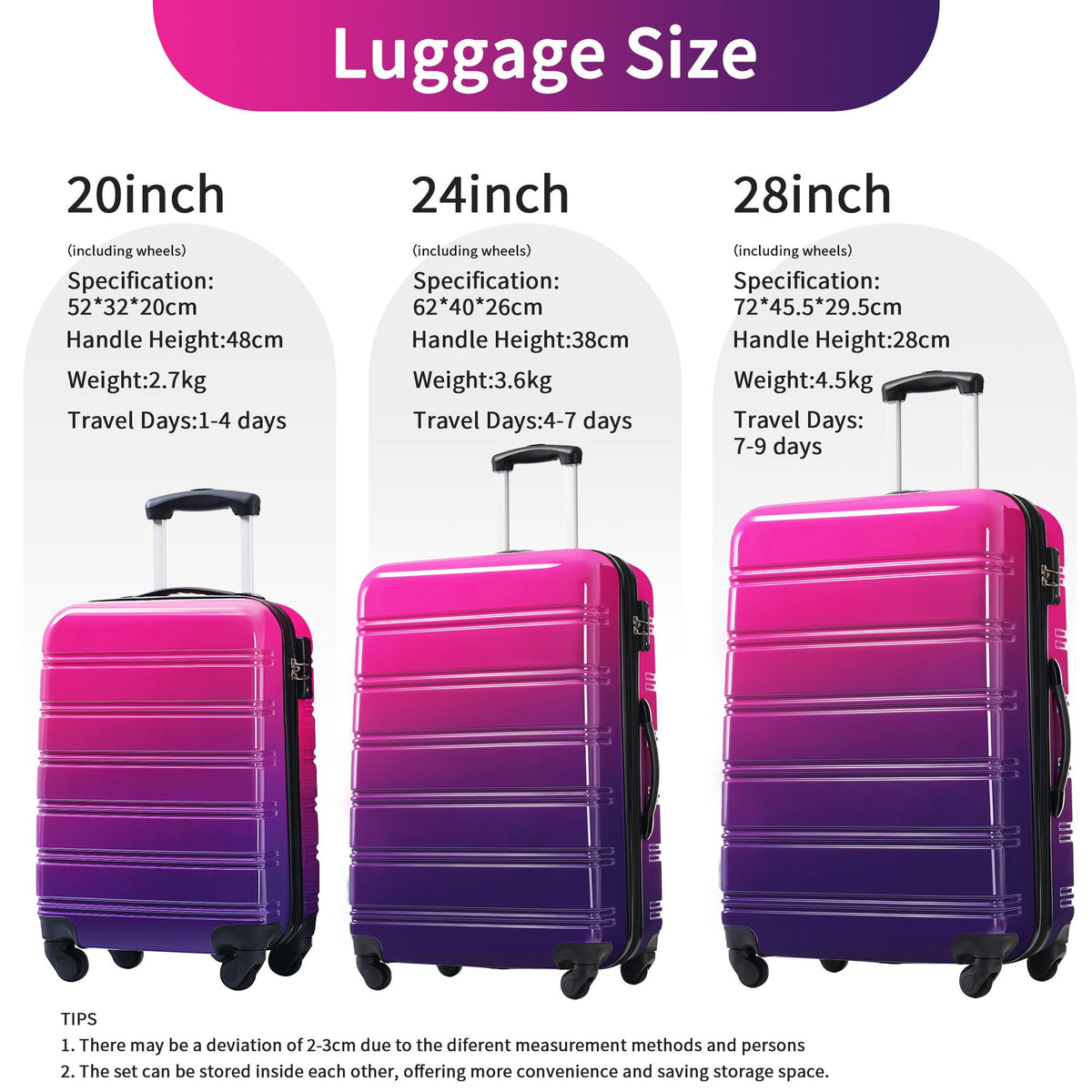 HouseOfZazla gradient color hardshell luggage set with spinner wheels and TSA lock in light blue or purple