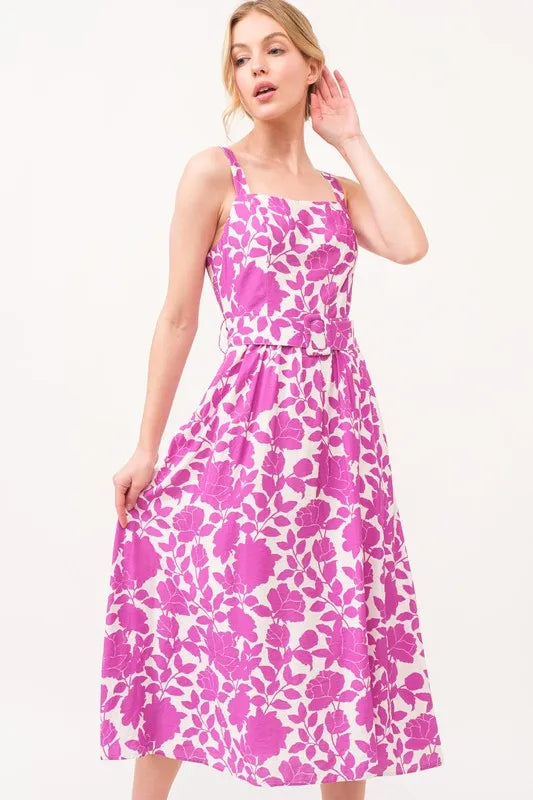 And The Why Square Neck Belted Floral Printed Midi Dress - Farnelli
