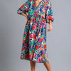 Umgee Floral Print Tie Neck Midi Dress with Pockets - NAVY MIX