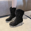 Round Toe Platform Wedge Boots - Black