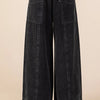 Mittoshop Mineral Wash Wide Leg Elastic Waist Twill Pants - BLACK