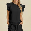 Double Take Full Size Texture Round Neck Ruffle Sleeve Top and Shorts Set - Black