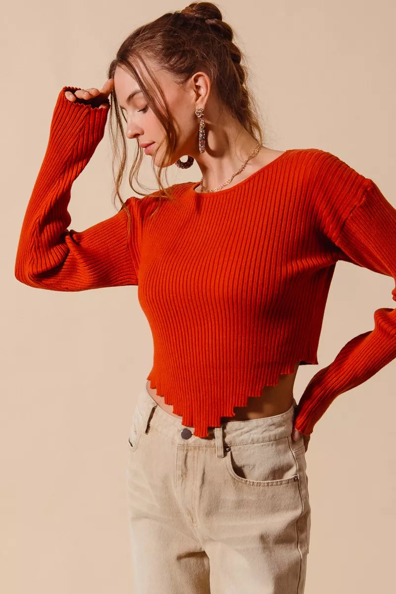 SO ME Rib Knitted Crop Sweater Top With Shaped Hem - Farnelli