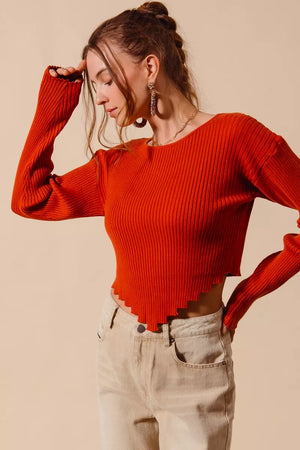 SO ME Rib Knitted Crop Sweater Top With Shaped Hem - Farnelli