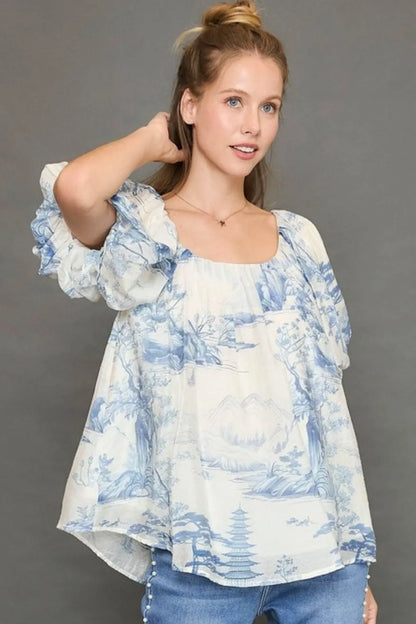 Umgee Full Size Two Tone Toile Print Top Plus Size - Farnelli