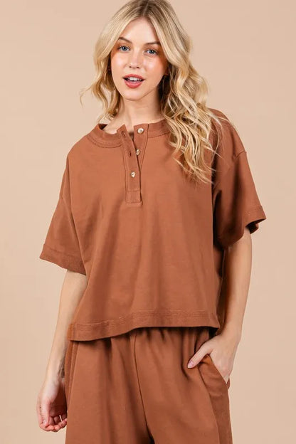 Ces Femme Half Button Half Sleeve Top and Pants Set - Farnelli