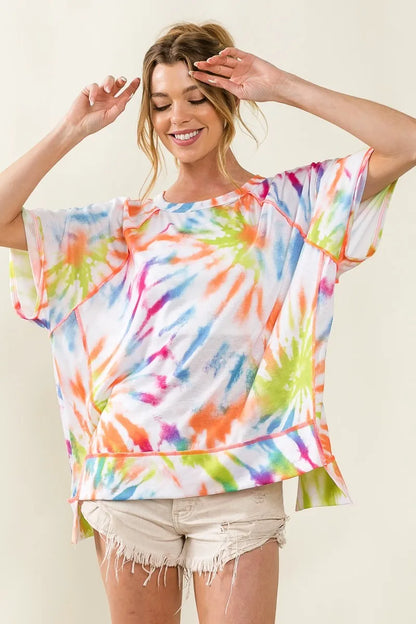 BiBi Tie Dye Print Jersey Stitched Uneven Hem Top - Farnelli