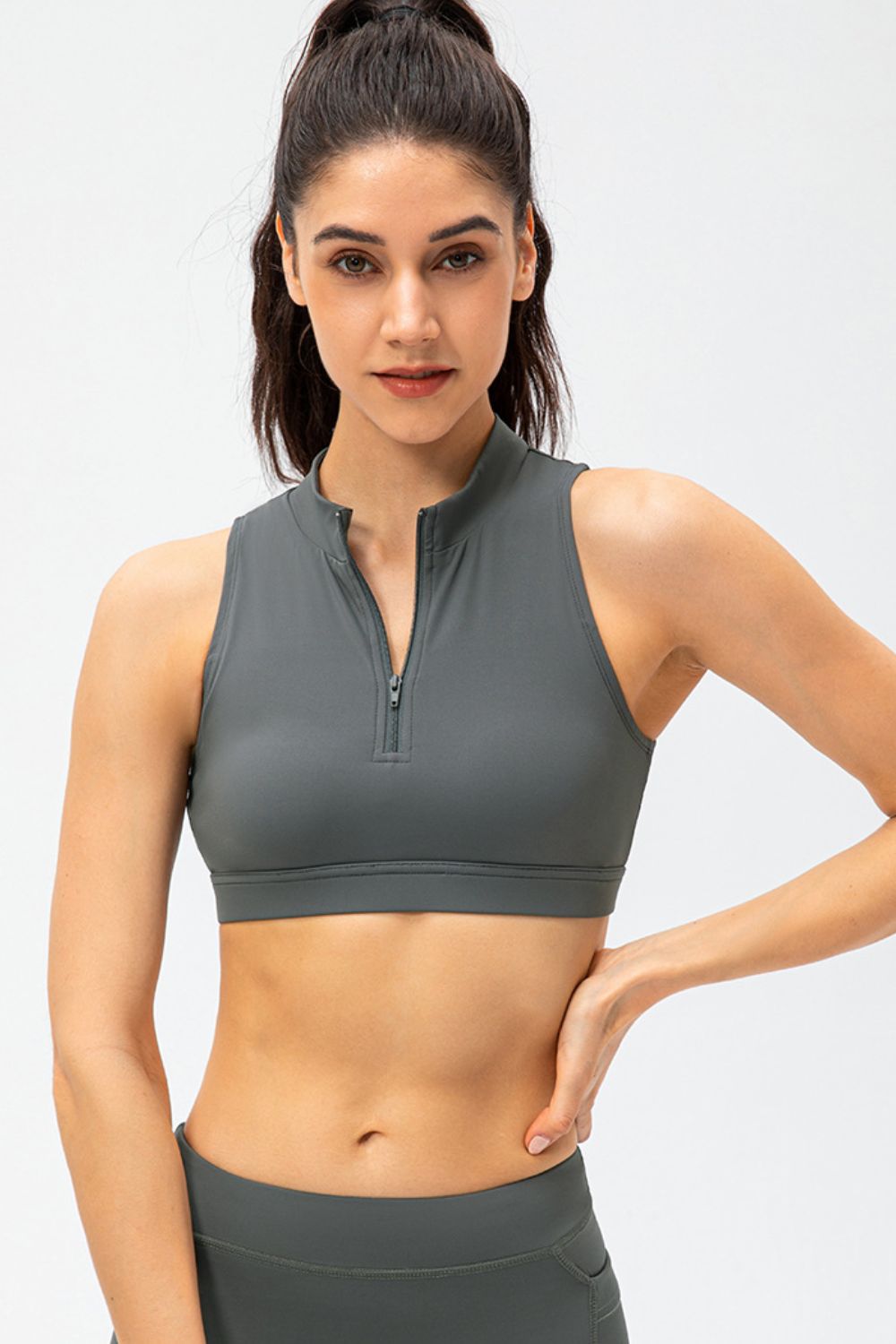 Full Size Cropped Cutout Back Zipper Front Active Tank Top - Farnelli