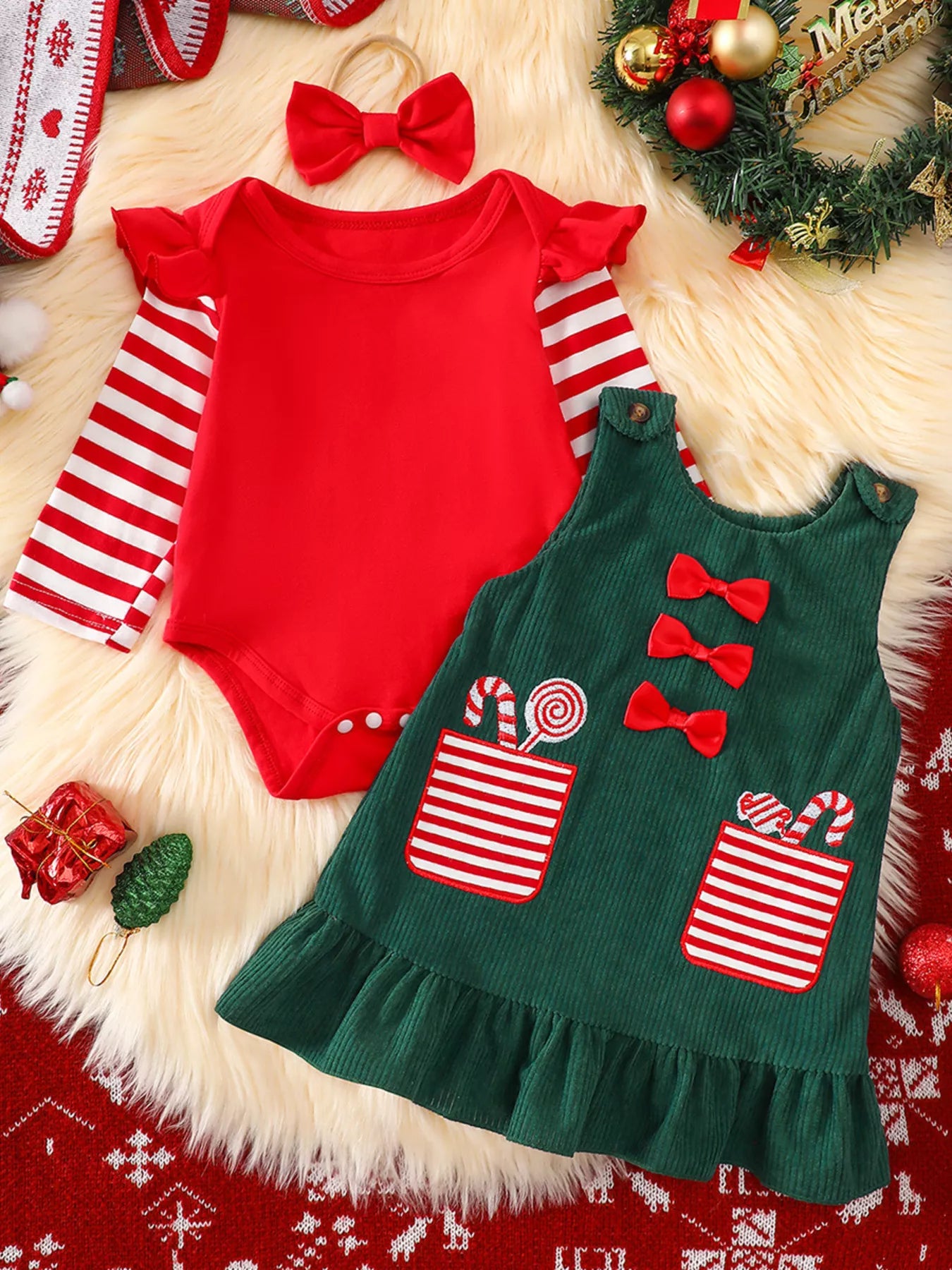 Children's Christmas Striped Bodysuit and Dress Set with Headband - Farnelli