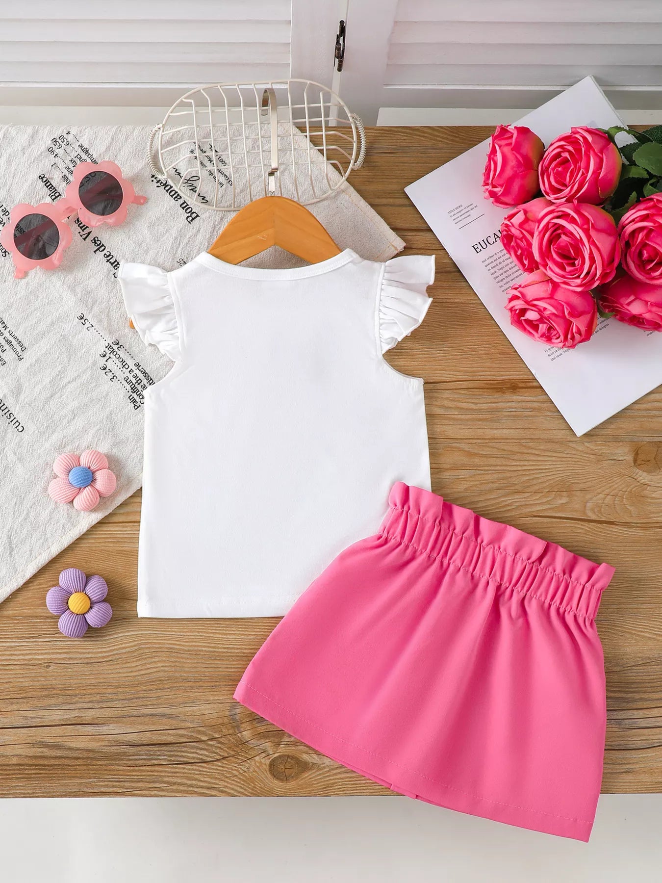 Children's Floral Applique Ruffle Sleeve Top & Skirt Set - Farnelli