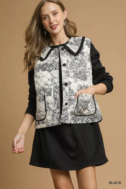 Umgee Toile Quilted Vest with Ruffle Collar - Farnelli