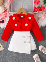 Children's Floral Applique Ribbed Top & Button Decor Skirt Set - Farnelli