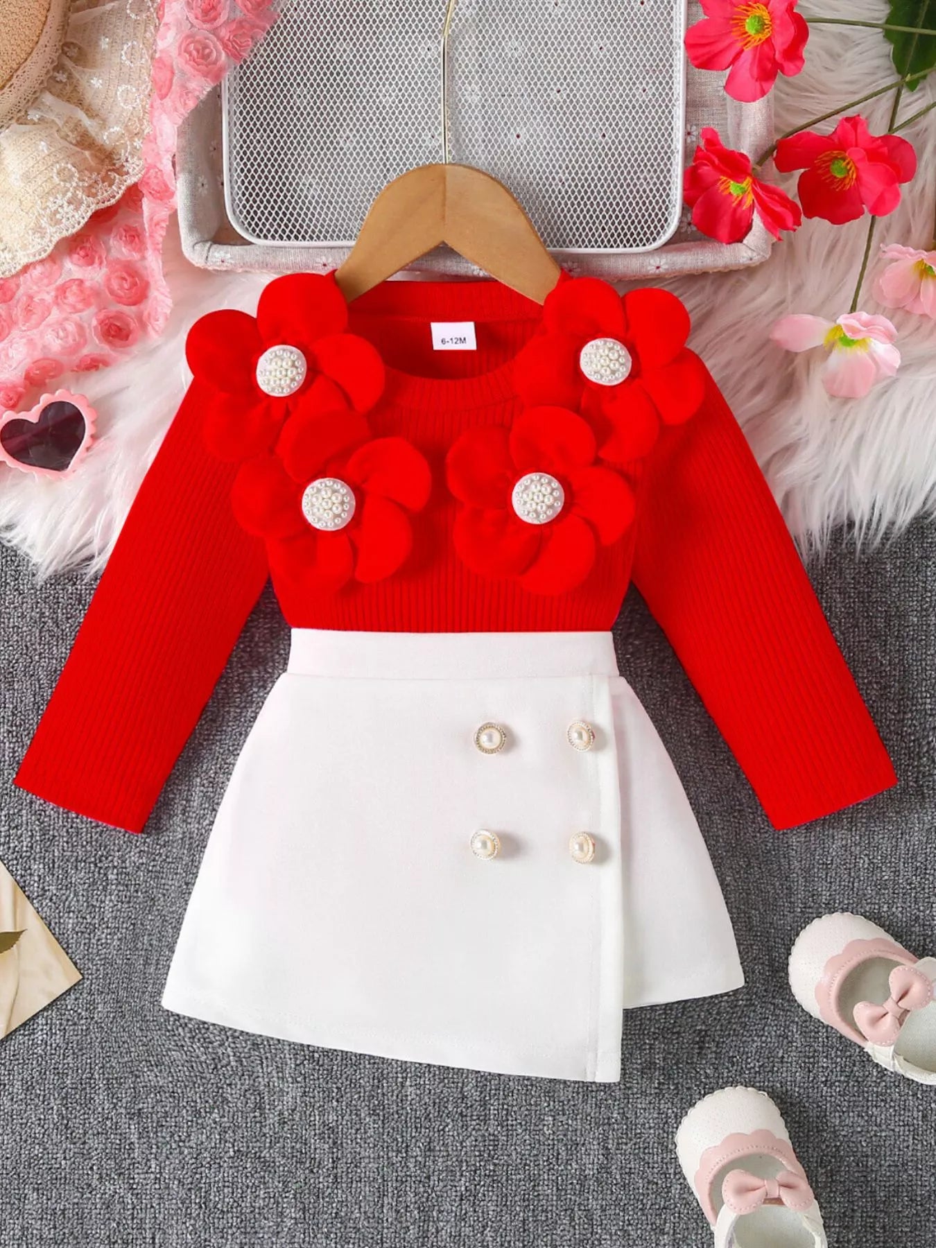 Children's Floral Applique Ribbed Top & Button Decor Skirt Set - Farnelli