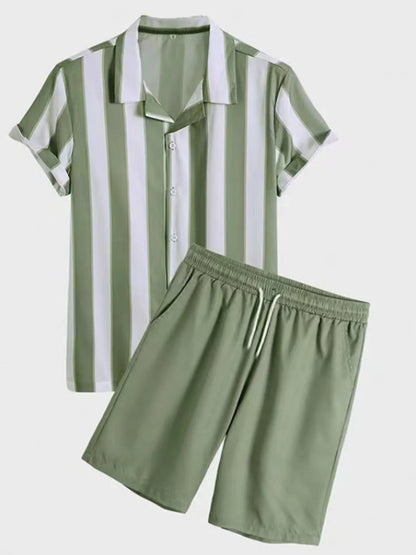 Men's Full Size Striped Casual Shirt and Shorts Set Plus Size - Farnelli