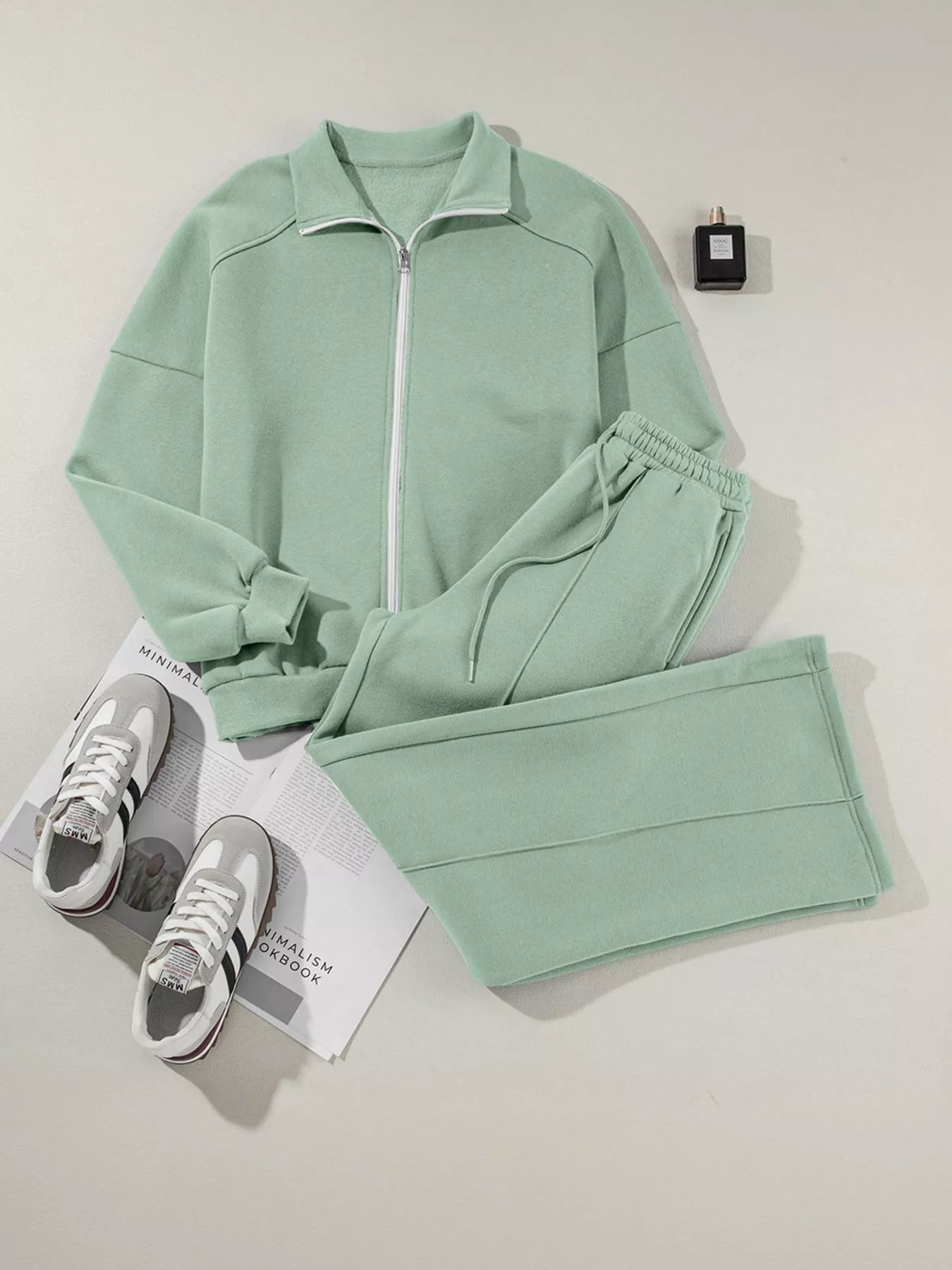 Drop Shoulder Zip Up Jacket and Drawstring Pants Active 2pcs Set - Farnelli