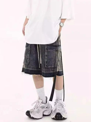 Men's Drawstring Cargo Denim Shorts with Zipper Detail - Farnelli