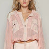 POL Texture Woven Button Down Hooded Shirt with Drawstring Hem - PEACH MULTI
