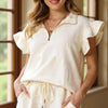 Double Take Full Size Texture Flounce Sleeve Top and Drawstring Shorts Set - Cream