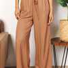 Double Take Drawstring Smocked Waist Wide Leg Pants - Camel